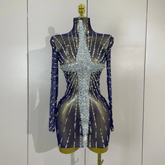 Ajay Sheer Mesh See-Through Sparkling Diamond Sequin Long Sleeve Mini Dress