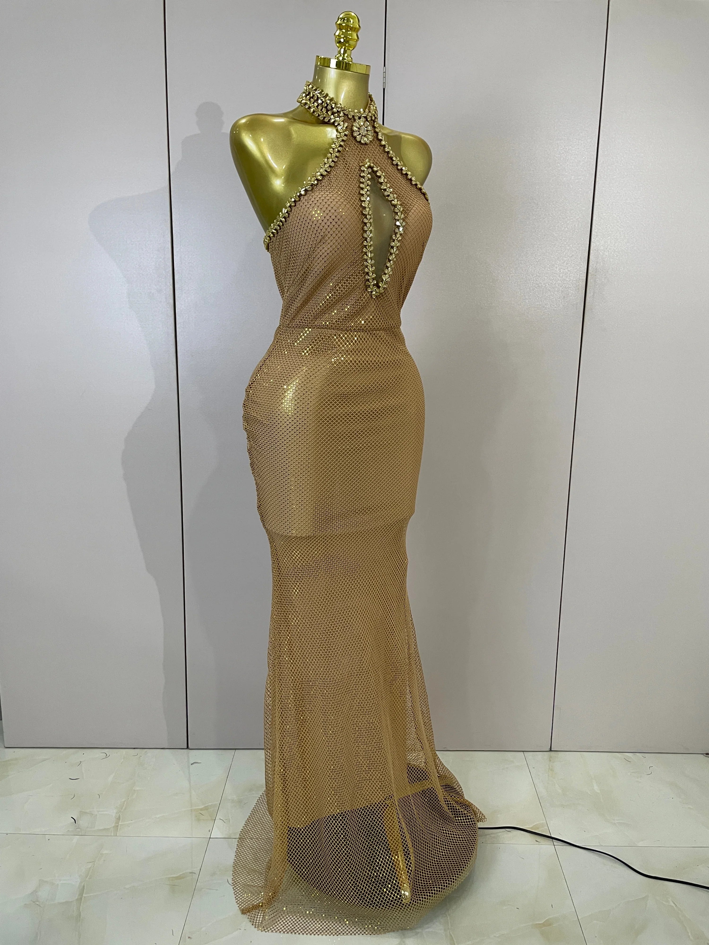 Eva Sexy Halter Sparkly Diamond Golden Mesh Sequin Maxi Dress