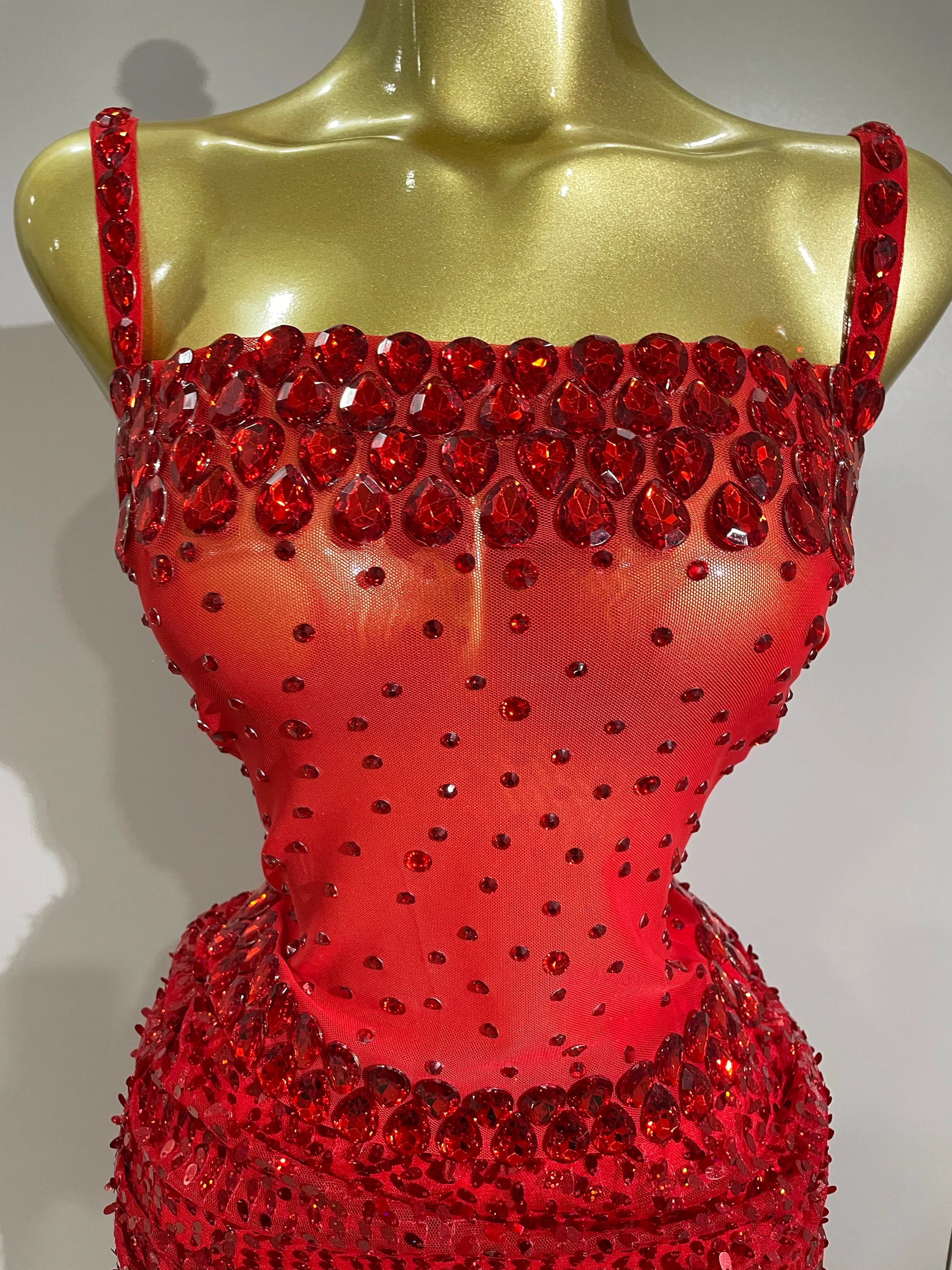 Amina Sparkly Red Rhinestone 2-Piece Long Dress – Party & Stage Glam