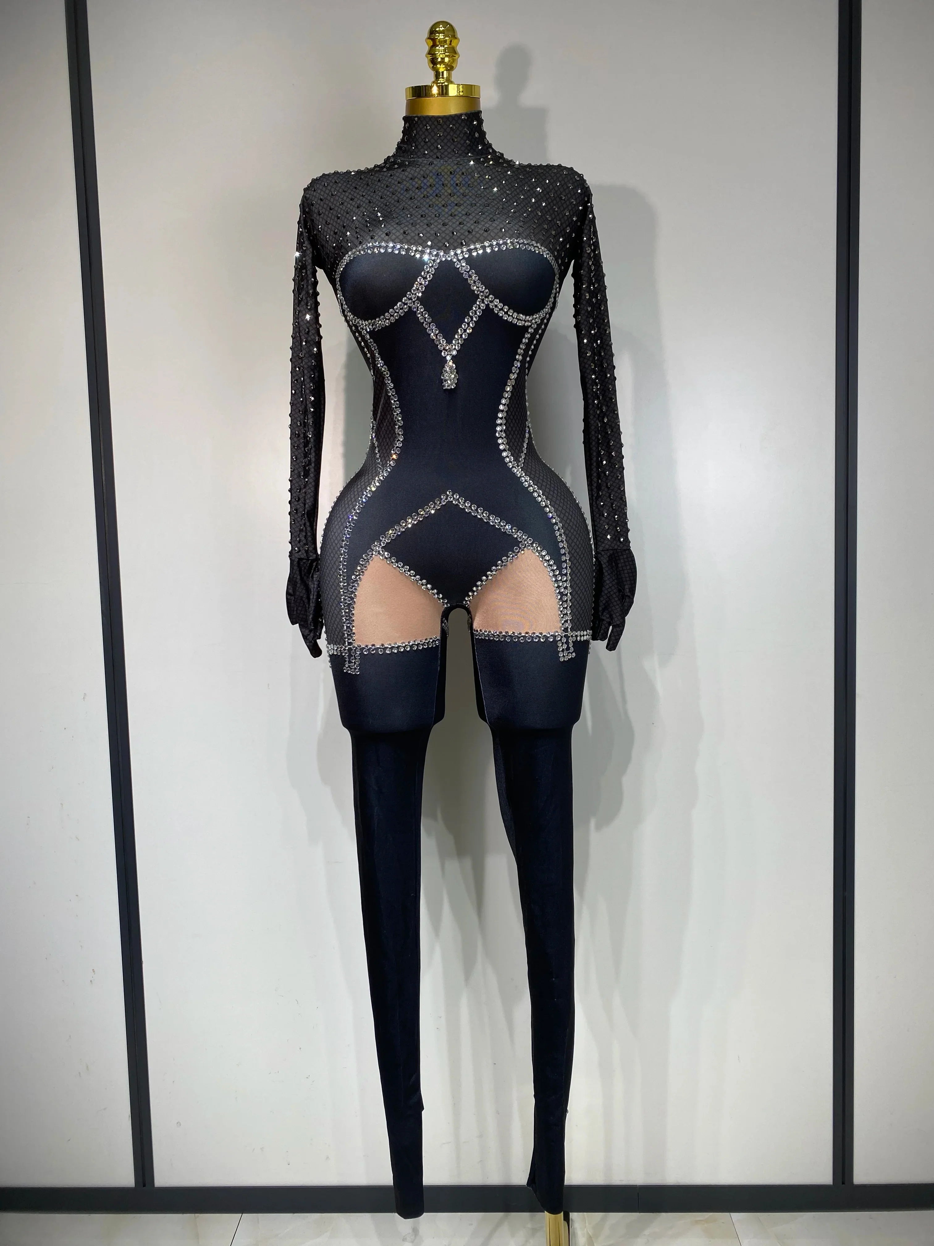 Aisani Sparkly Diamond Sexy Mesh Jumpsuit Outfit