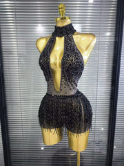 Denise Sexy Mesh See-Through Sequin Tassel Bodycon Bodysuit