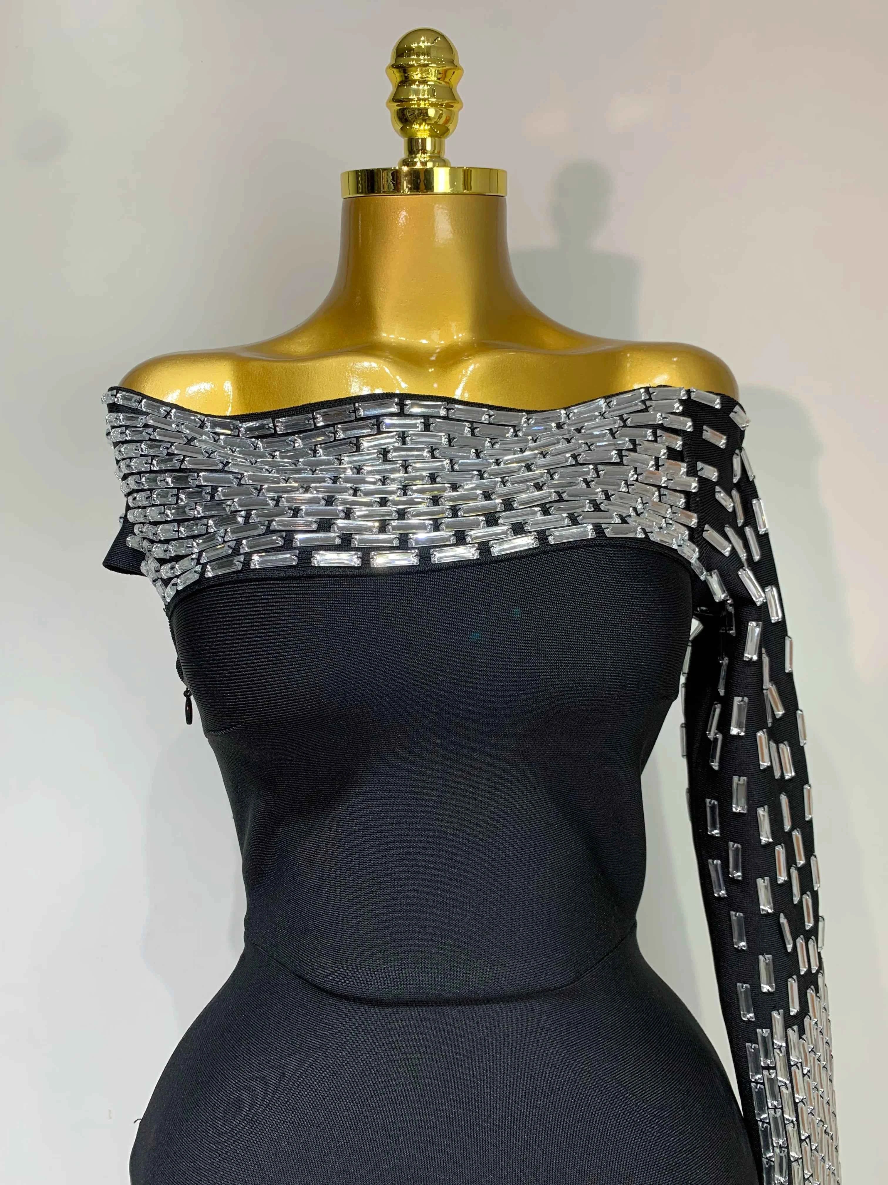 Coleen Sexy Off-shoulder Diamonds Black Maxi Long Bandage Dress