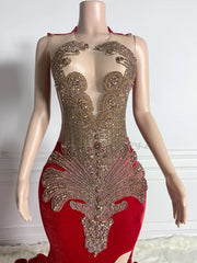 Elegant Red Mermaid Prom Gown with Crystal Beads & Cut-Outs