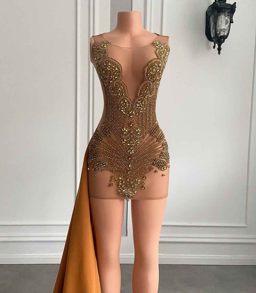 Gold Scalloped Mesh Beaded Mini Birthday Dress