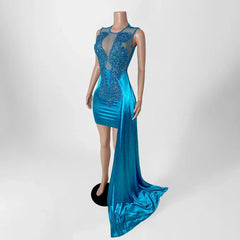 Elegant Blue Diamond Luxury Rhinestones with Side Train Birthday Dress