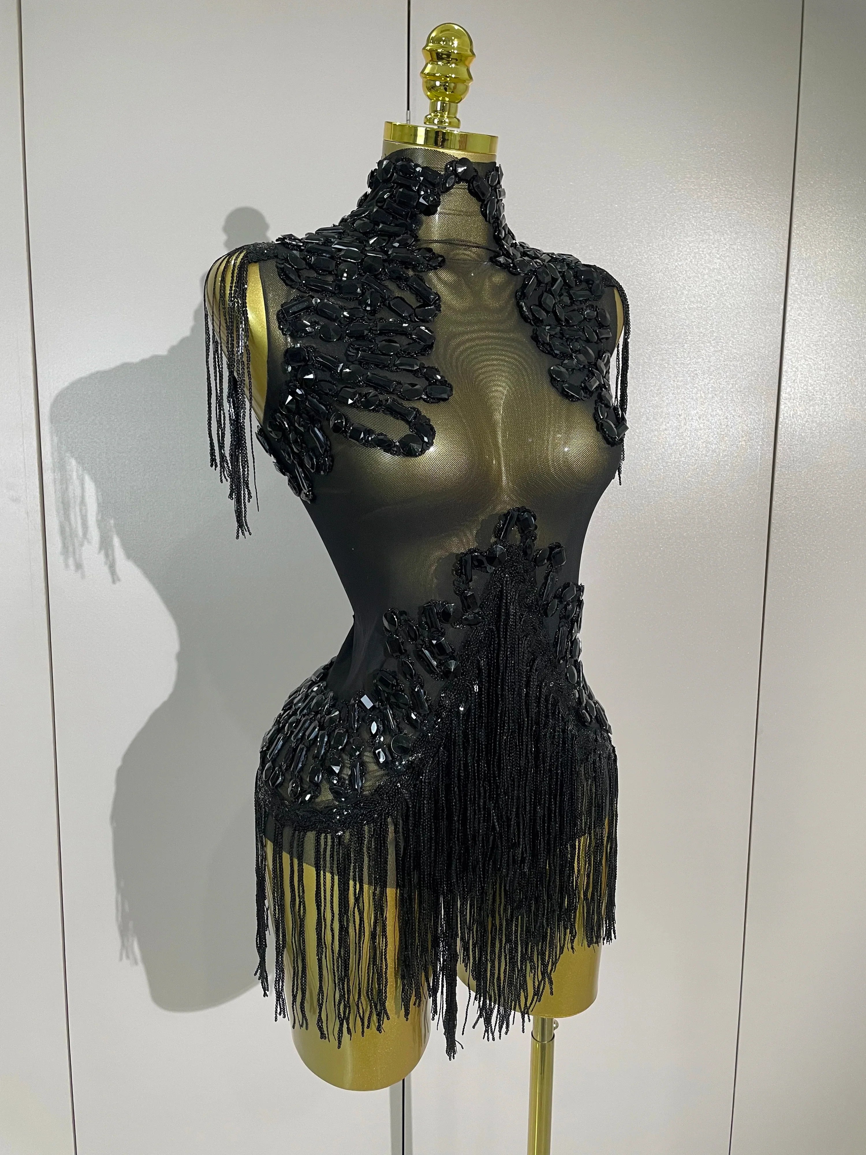 Gabrielle Sparkly Rhinestone Sequin Tassel Mesh See-Through Stretch Bodysuit