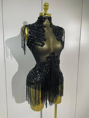 Gabrielle Sparkly Rhinestone Sequin Tassel Mesh See-Through Stretch Bodysuit