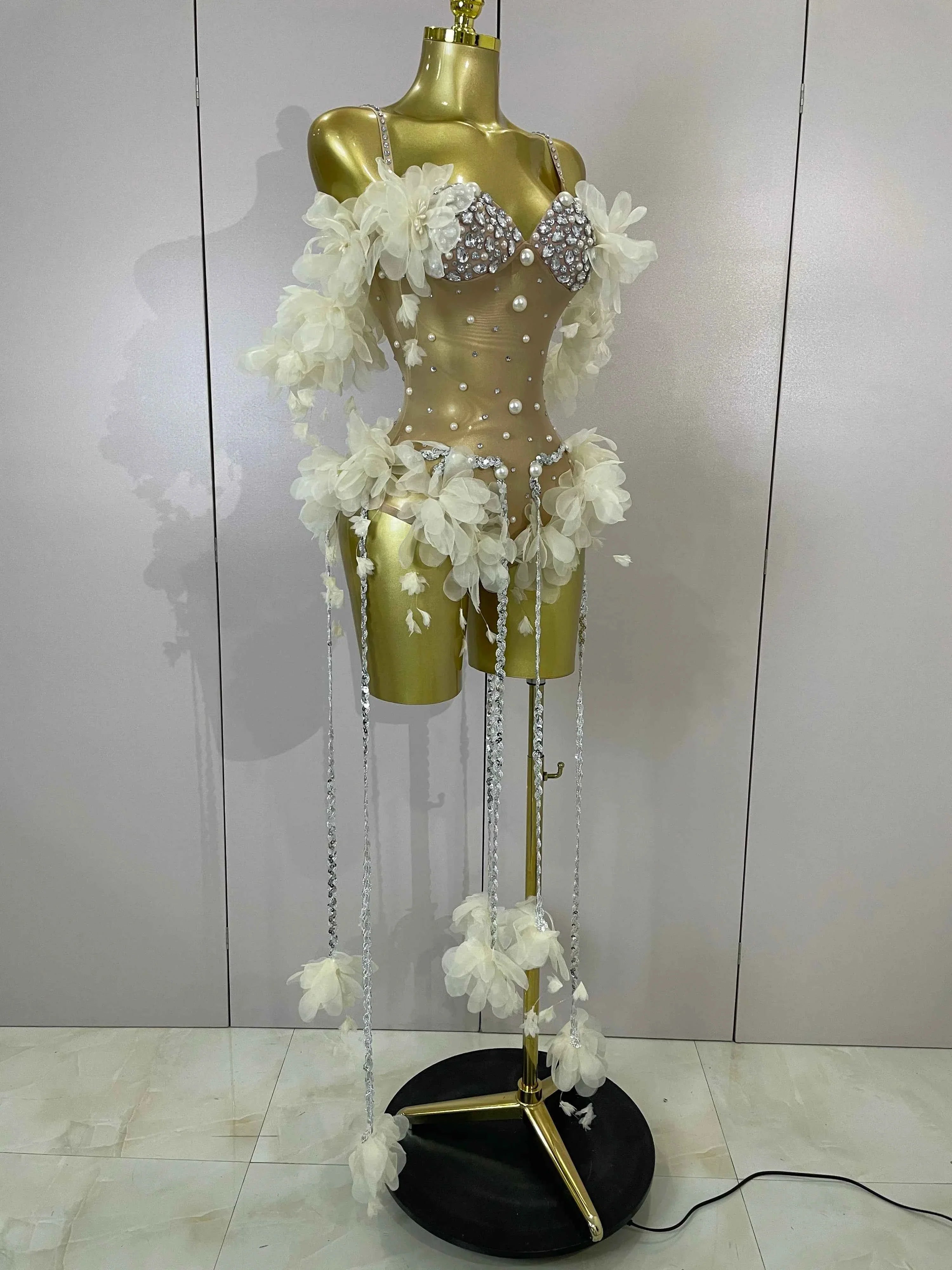 Ebony Sparkly Rhinestones Flower Tassel Mesh Stretch Bodysuit