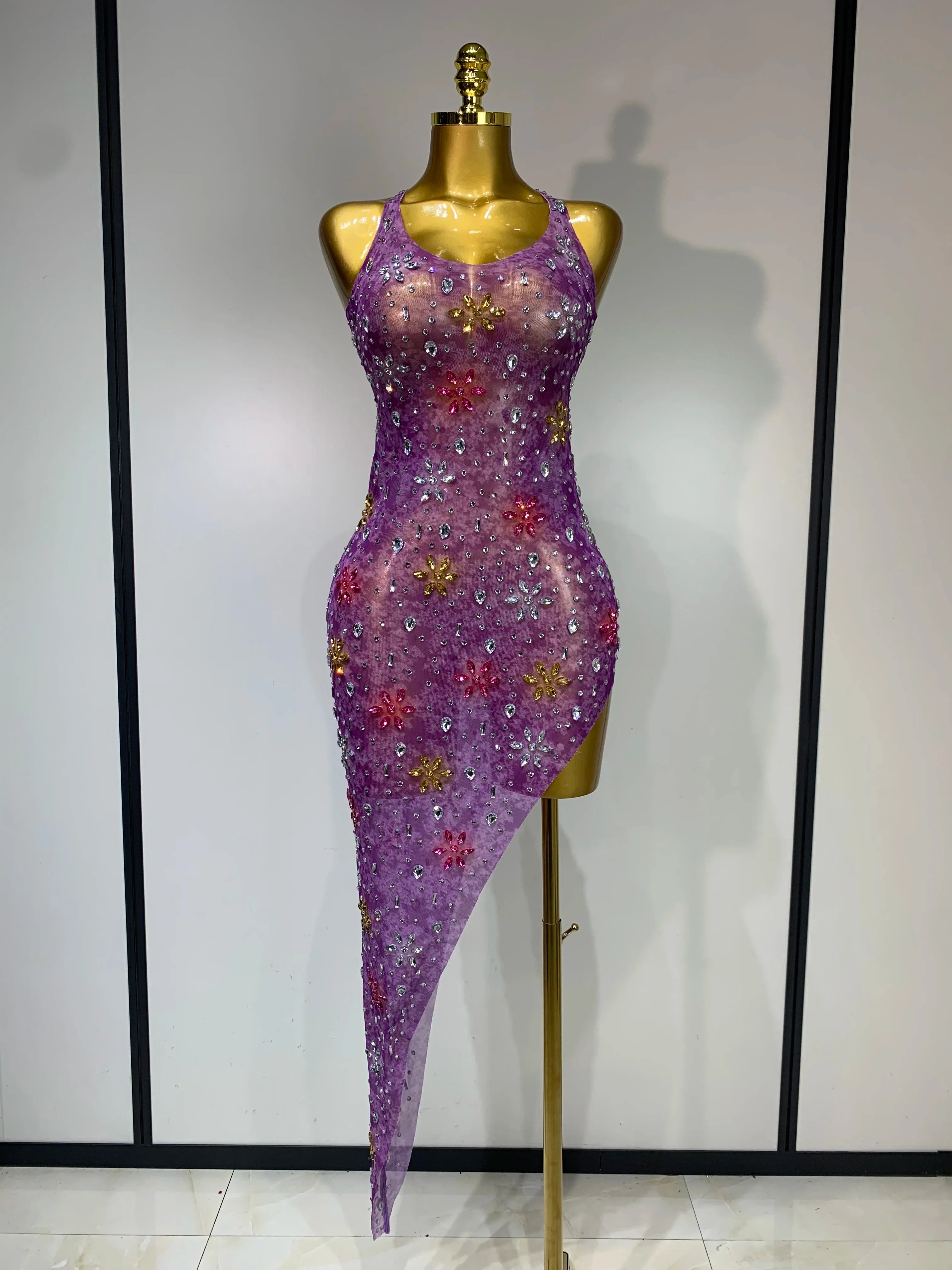 A'Riah Sexy Mesh High Split Sparkly Diamonds See Through Dress