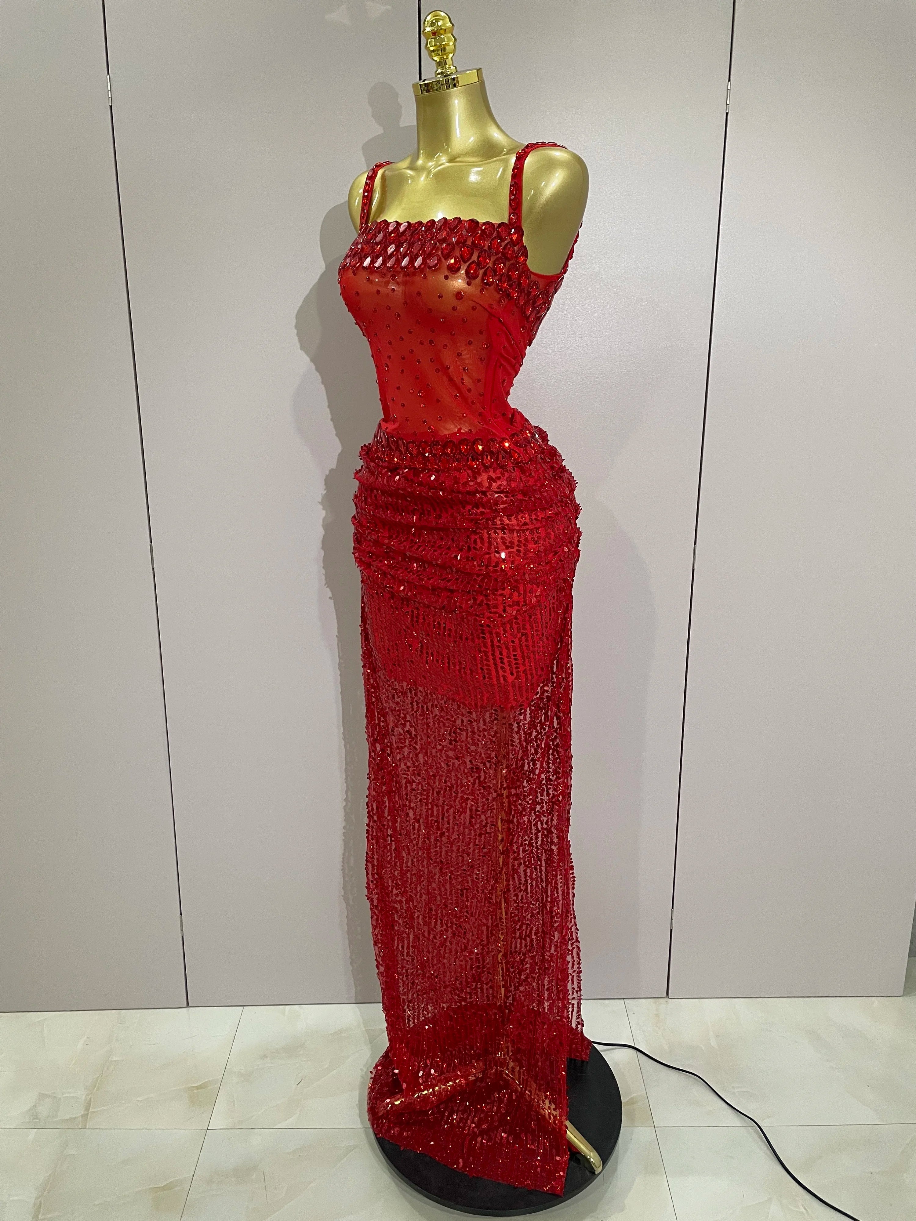 Amina Sparkly Red Rhinestone 2-Piece Long Dress – Party & Stage Glam