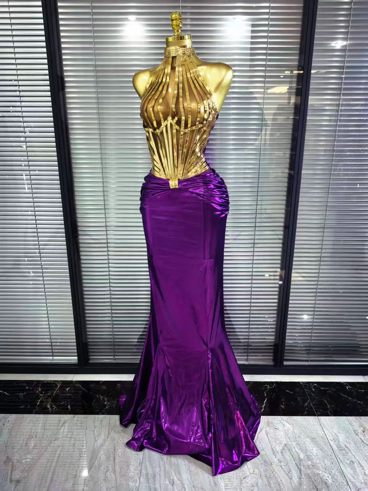 Gem Elegant Gold And Purple Bodycon Maxi Dress