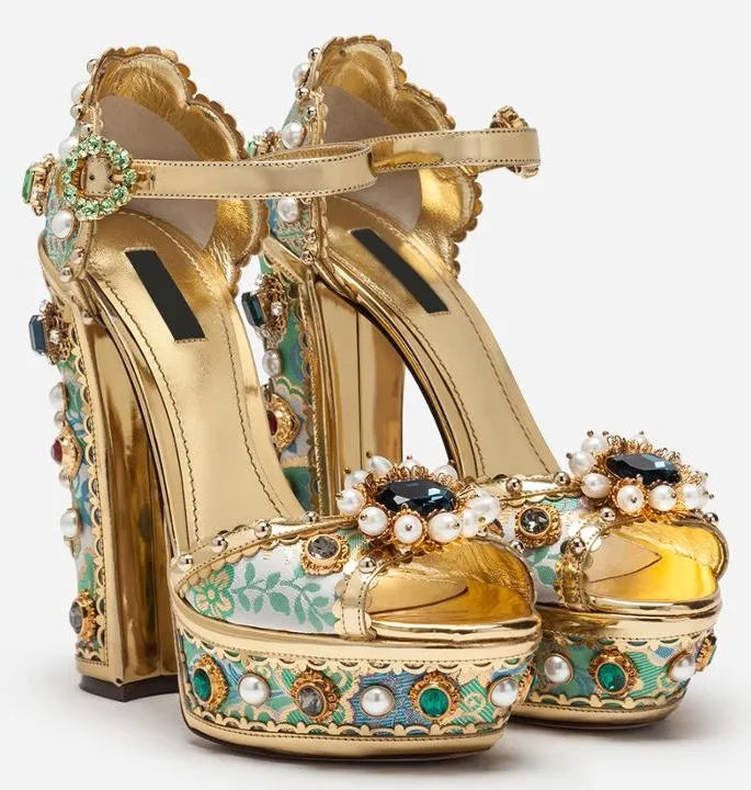 Crystal Jewelled Embroidery Platform Chunky Heels Rhinestone Pearl Luxury