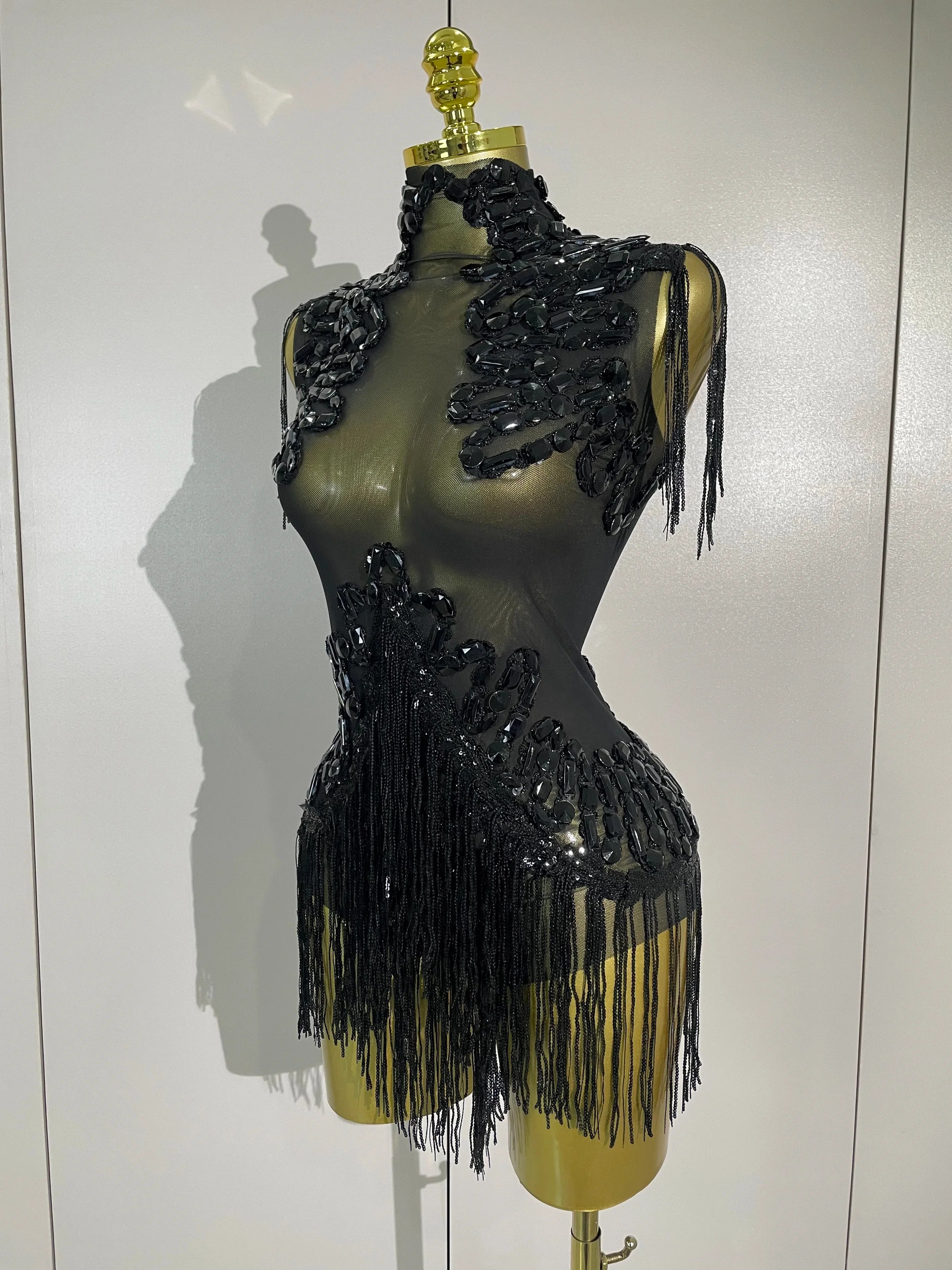 Gabrielle Sparkly Rhinestone Sequin Tassel Mesh See-Through Stretch Bodysuit
