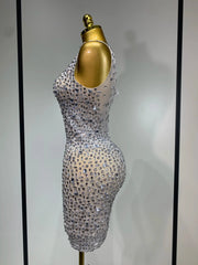 Carole Luxury Sparkly Rhinestone Sexy Mesh See-Through Short Dress