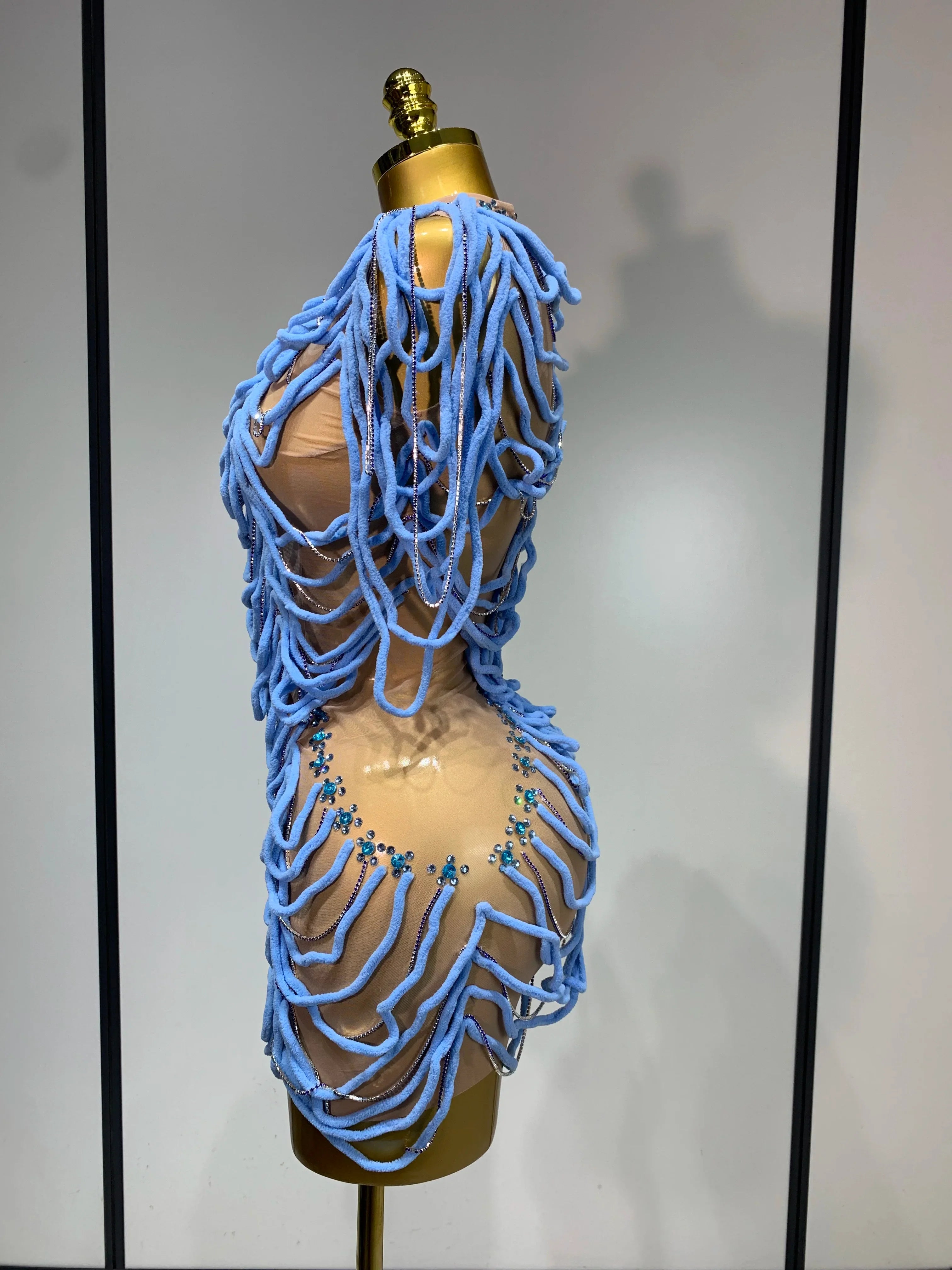 Brielle Sexy Mesh See Through Rhinestone Chain Dress