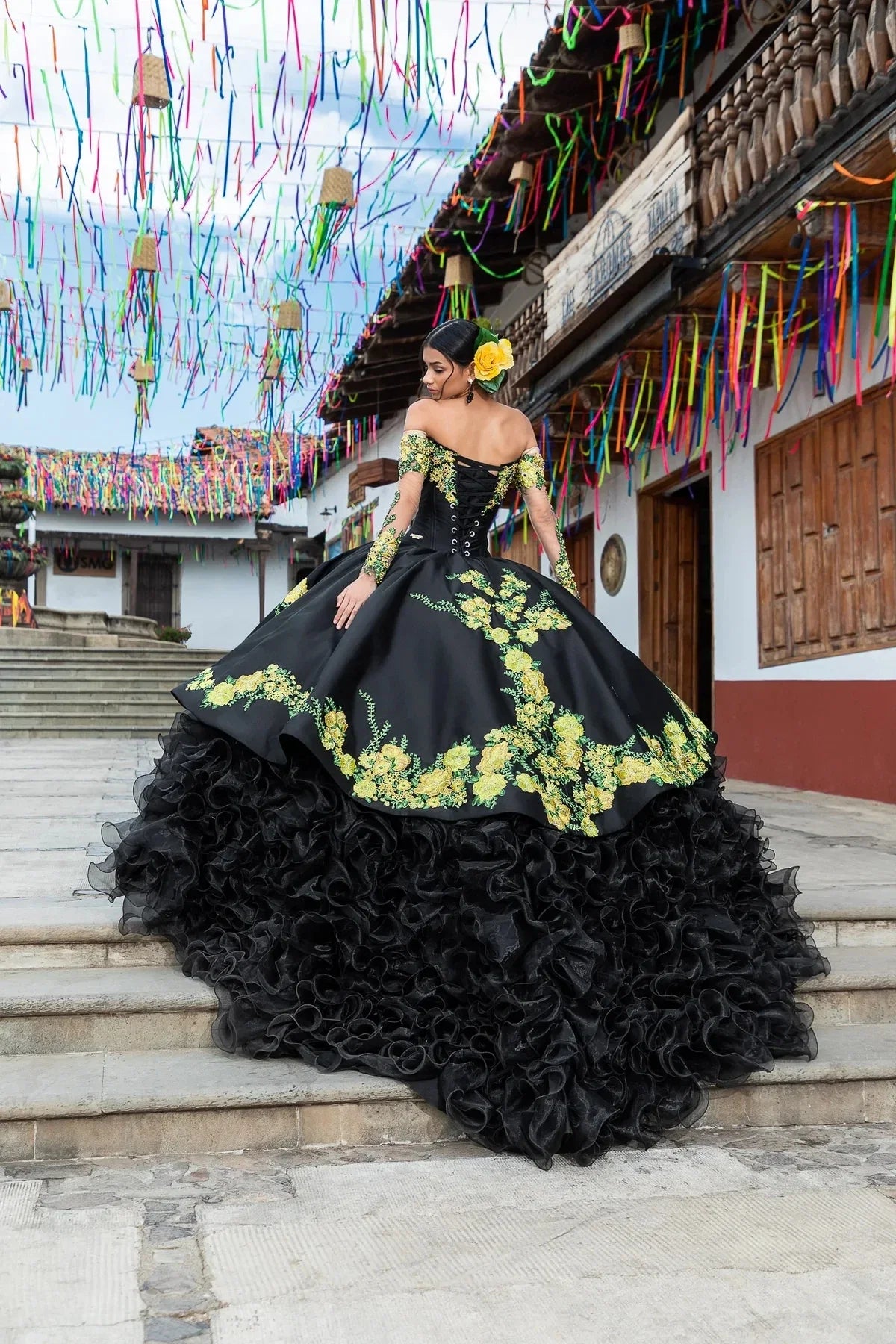 Black Organza Appliques Beaded Charro Quinceanera Dresses