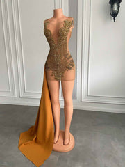 Gold Scalloped Mesh Beaded Mini Birthday Dress