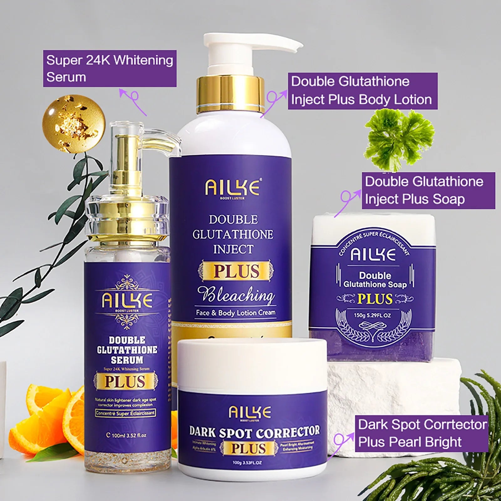 AILKE Double Glutathione Whitening Set For All Skin Types, Reduce Dark Spots, Melanin, Freckles, Chloasma, Even Skin Tone