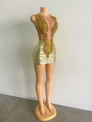 Gold Sheer Beaded Mini Birthday Dress