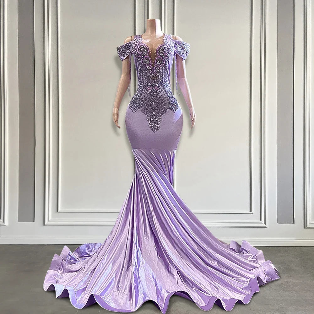 Glamorous Lilac Off-Shoulder Mermaid Prom Gown with Crystals
