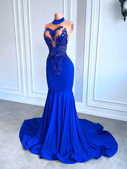 Elegant Royal Blue High Neck Luxury Beaded Embroidery Prom Dress