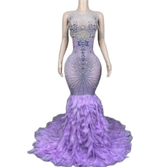 Chanel Sparkly Purple Rhinestone Feather Prom Dress
