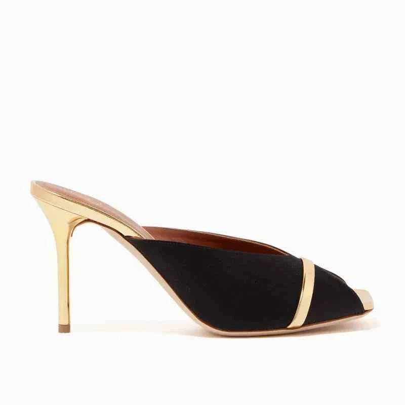 Elegant Two-Tone Satin Stiletto Mules Open Peep Toe Contrast Metallic Trim Slip-On Slide High Heels