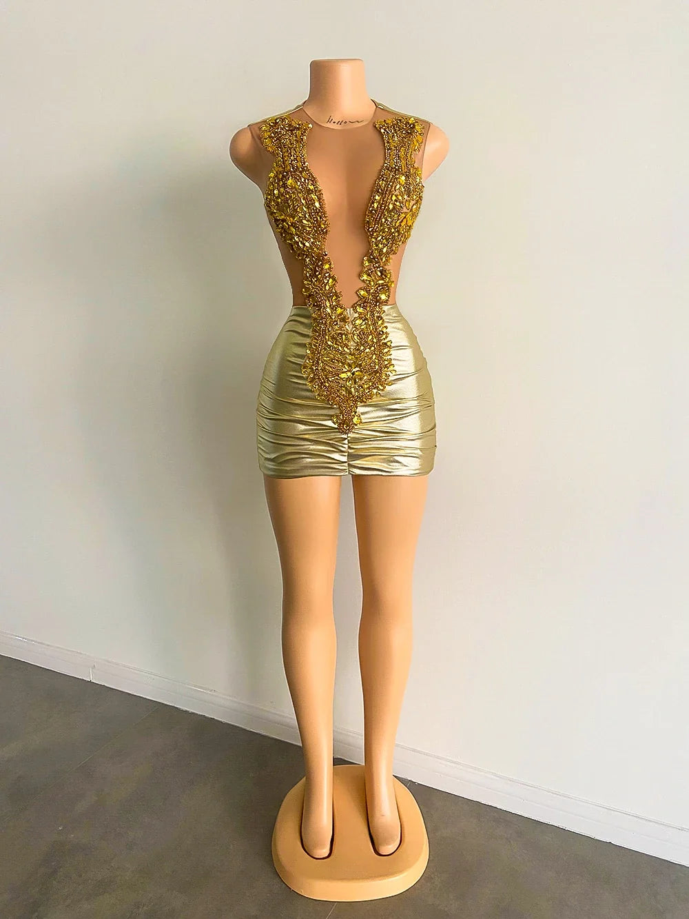 Gold Sheer Beaded Mini Birthday Dress