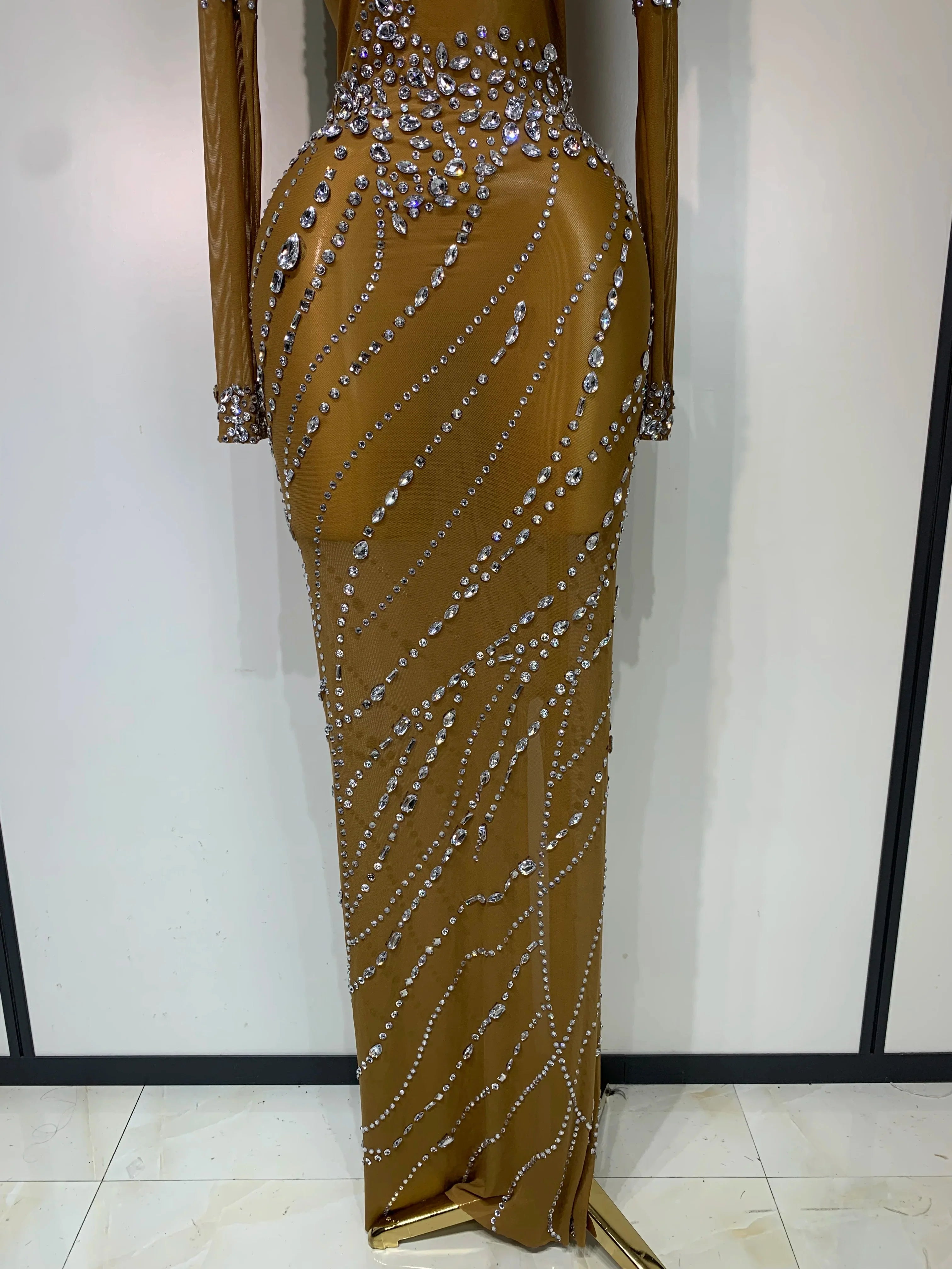 Colette Sparkly Brown Rhinestone Mesh Long Dress