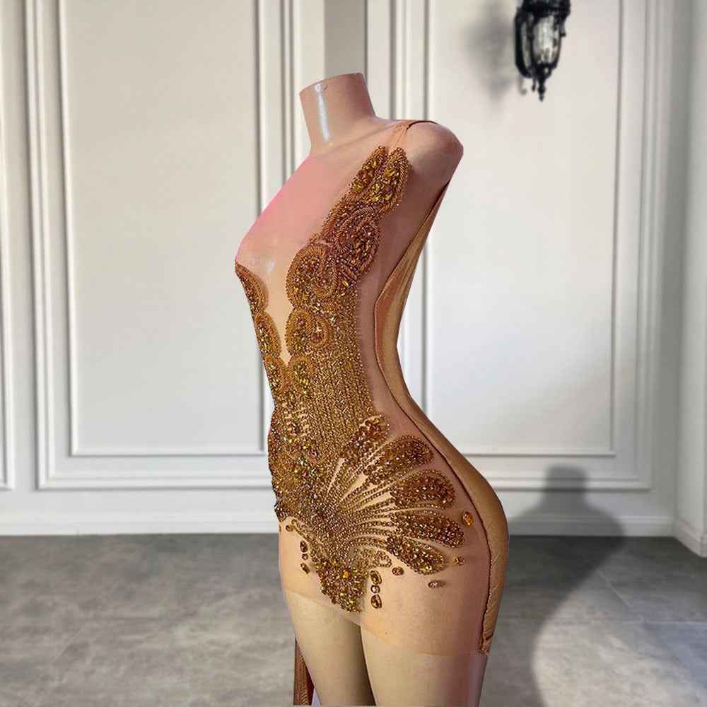 Gold Scalloped Mesh Beaded Mini Birthday Dress