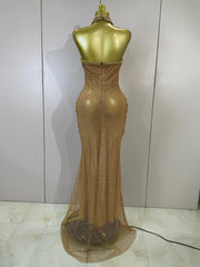 Eva Sexy Halter Sparkly Diamond Golden Mesh Sequin Maxi Dress