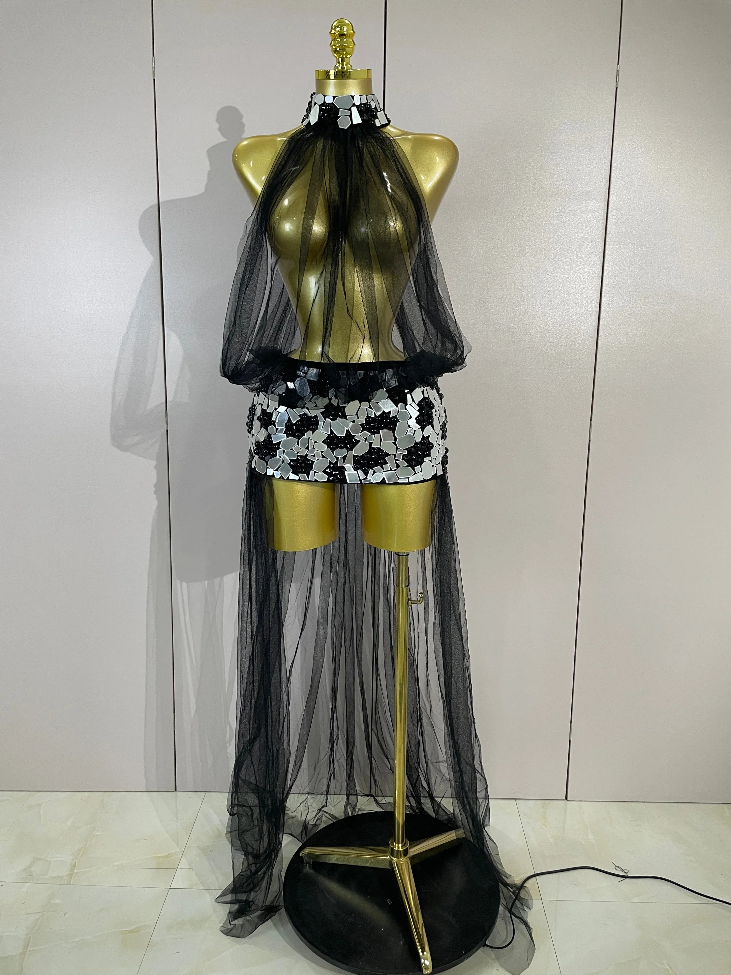 Almira Sparkly Rhinestone Pearl Mirror Mesh Long Tail Dress for Women