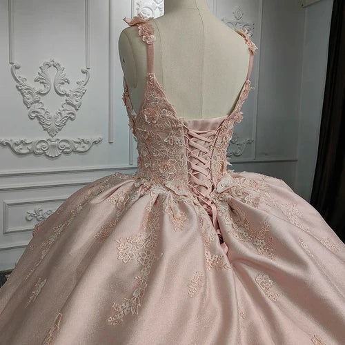 Flowers Pink V-Neck Quinceañera Dress