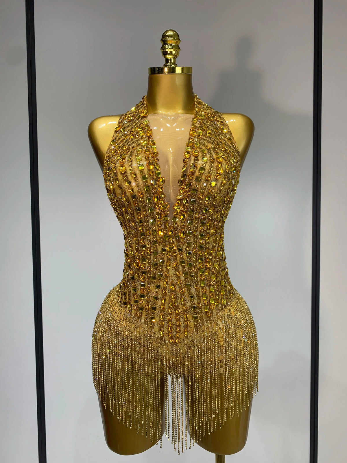 Angie See Through Stretch Gold Rhinestone Dress