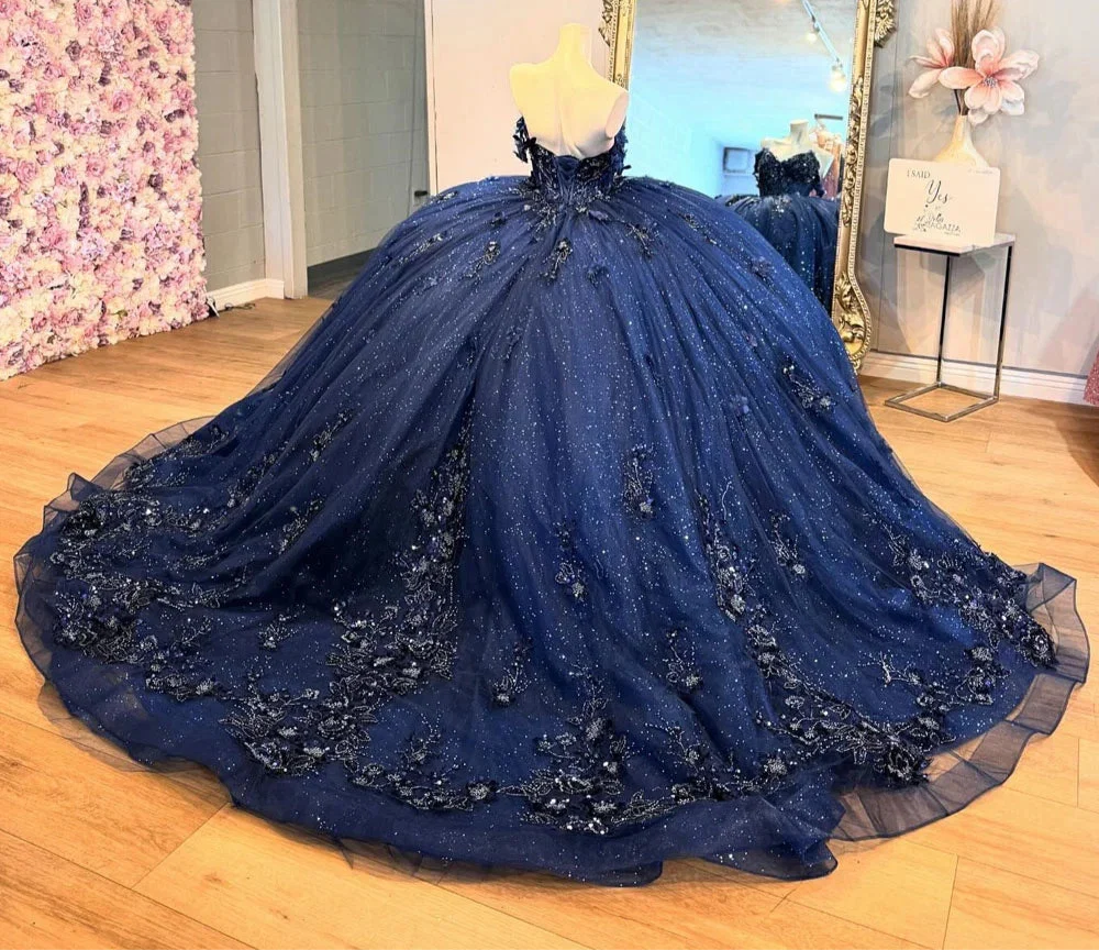 Glittering Navy Blue 3D Flowers Appliques Quinceanera Dress