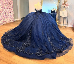 Glittering Navy Blue 3D Flowers Appliques Quinceanera Dress
