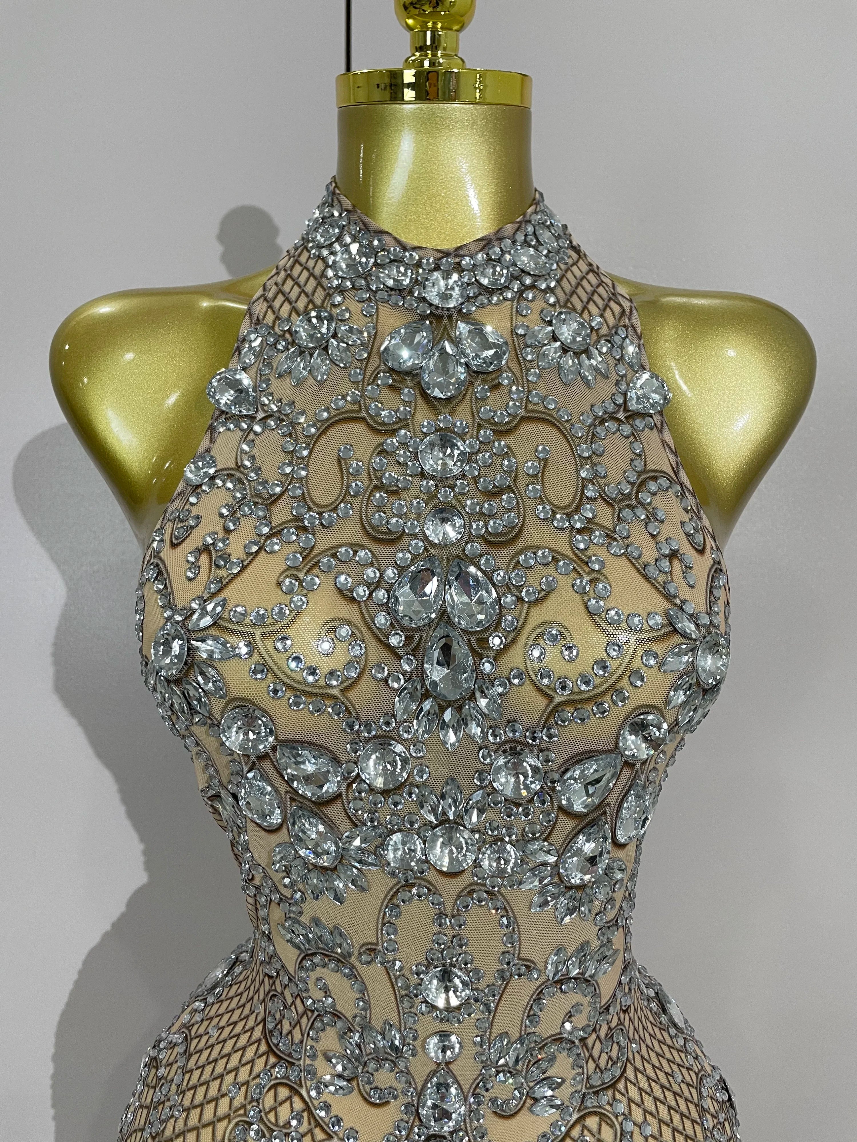 Amelise Sparkly Crystal Diamonds See Through Mesh Dress