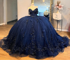 Glittering Navy Blue 3D Flowers Appliques Quinceanera Dress