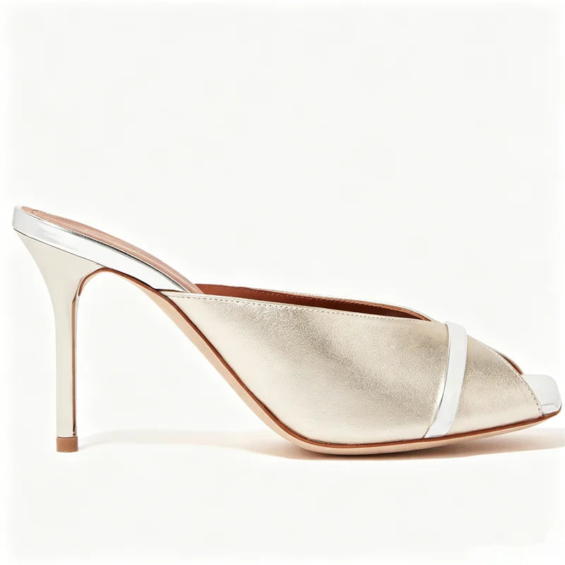 Elegant Two-Tone Satin Stiletto Mules Open Peep Toe Contrast Metallic Trim Slip-On Slide High Heels