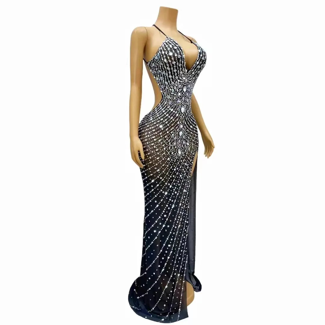 Audre Silver Rhinestones High Split Dress