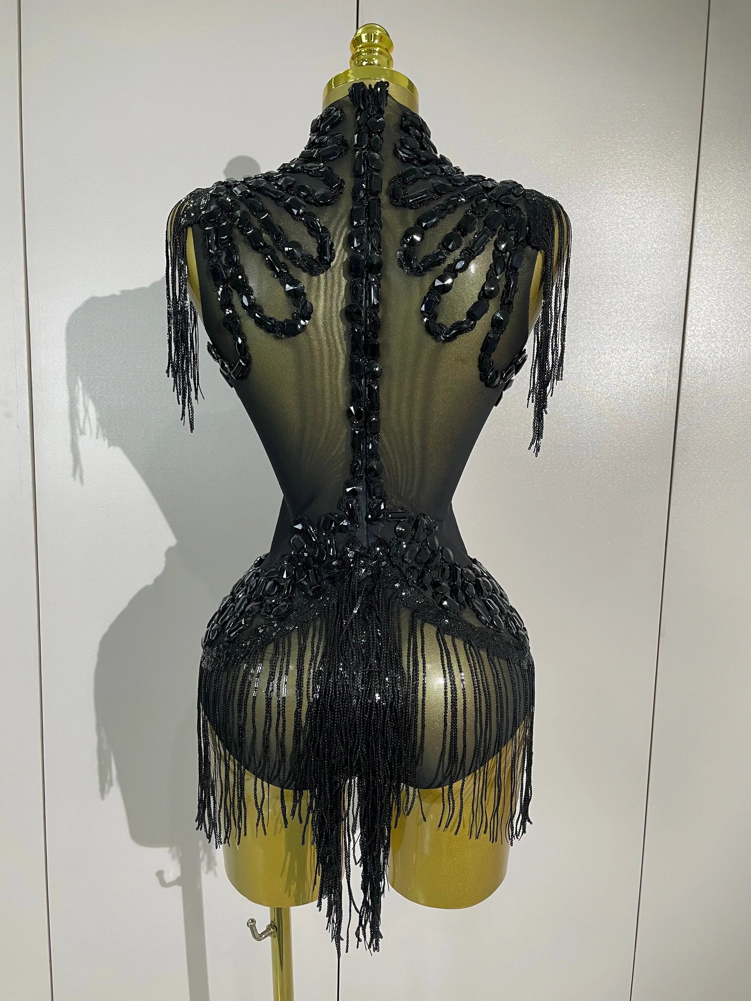 Gabrielle Sparkly Rhinestone Sequin Tassel Mesh See-Through Stretch Bodysuit