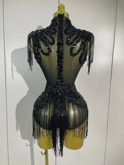 Gabrielle Sparkly Rhinestone Sequin Tassel Mesh See-Through Stretch Bodysuit