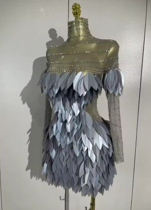 Cleo Luxury Sparkly Diamond 3D Acrylic Leaf Mesh Transparent Mini Dress