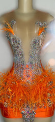 Fuchsia Orange Feathered Mini Birthday Dress