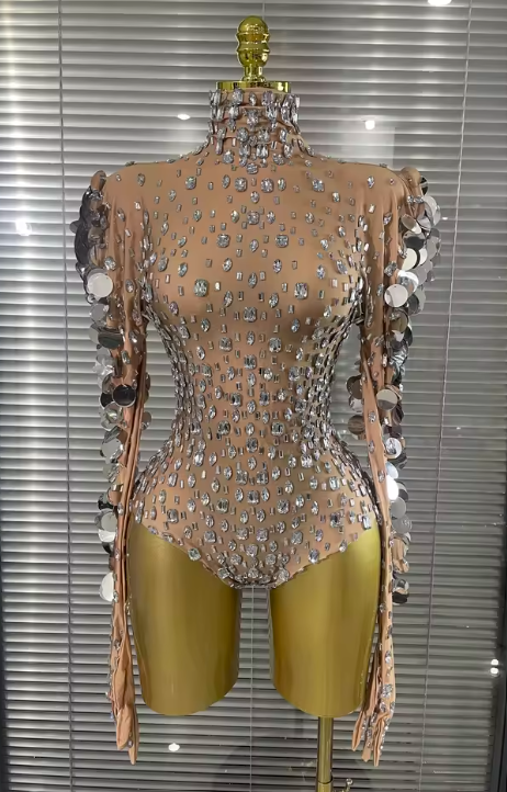 Brenda Sparkly Rhinestone Long Sleeve Stretch Bodycon Bodysuit