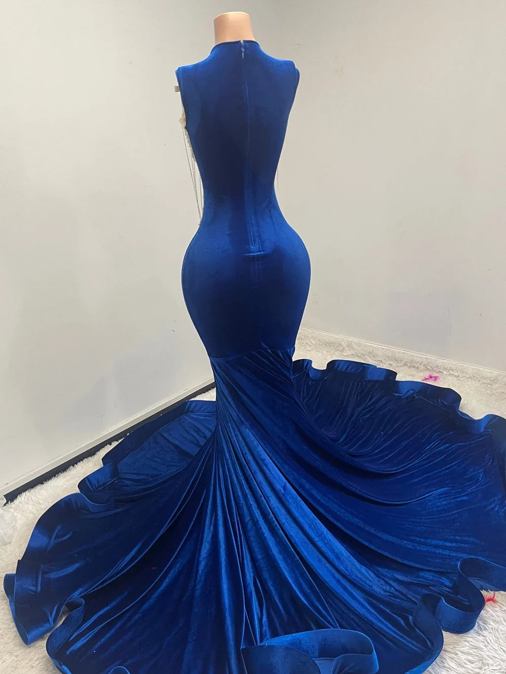 Elegant Royal Blue Velvet Crystal Beaded Prom Gown
