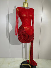 Donna Sparkly Rhinestone Red Sequin Lace Mesh See-Through Mini Dress