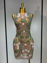 Georgette Sexy Mesh Sheer White Floral Rhinestone Dress