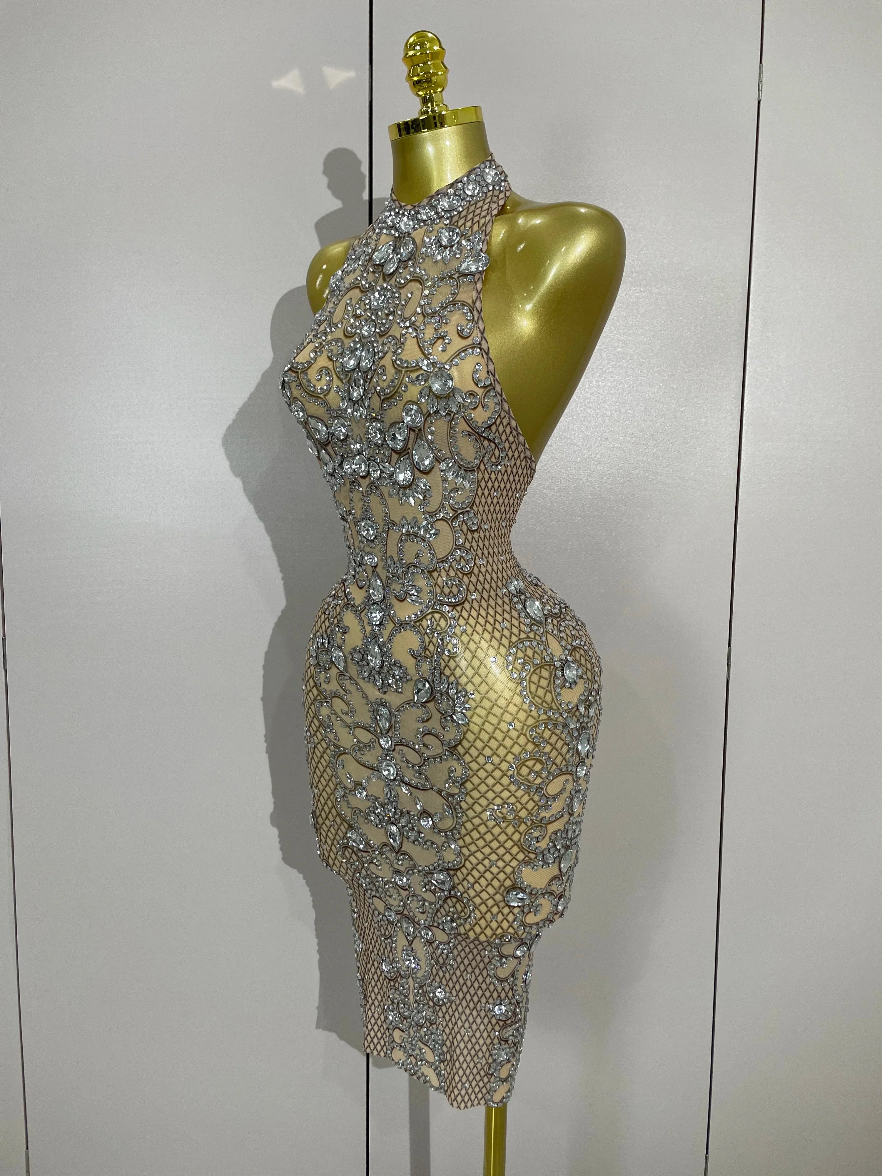 Amelise Sparkly Crystal Diamonds See Through Mesh Dress