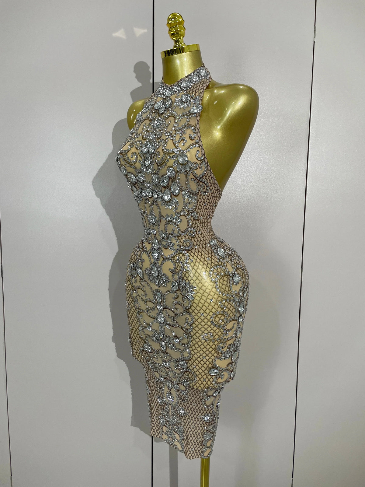 Amelise Sparkly Crystal Diamonds See Through Mesh Dress